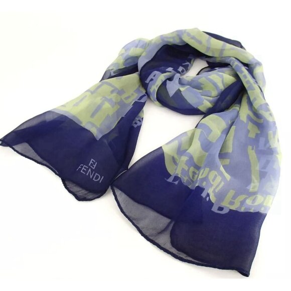 Fendi Accessories - FENDI Women’s Navy Floral Logo Hydrangea Silk Scarf Authentic